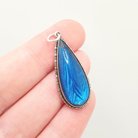 Antique Art Deco Sterling Silver Butterfly Wing Necklace Pendant Teardrop Vintage 1920s Blue Bug Fly Insect Small Jewelry Jewellery Womens