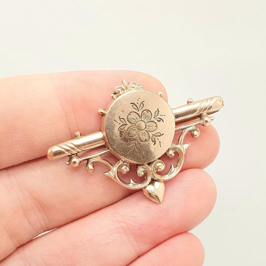 Antique Victorian Solid Silver Rolled Gold Brooch Hanging Heart Drop Sweetheart Pin Rose Gold Engraved Flower Vintage Jewelry Jewellery
