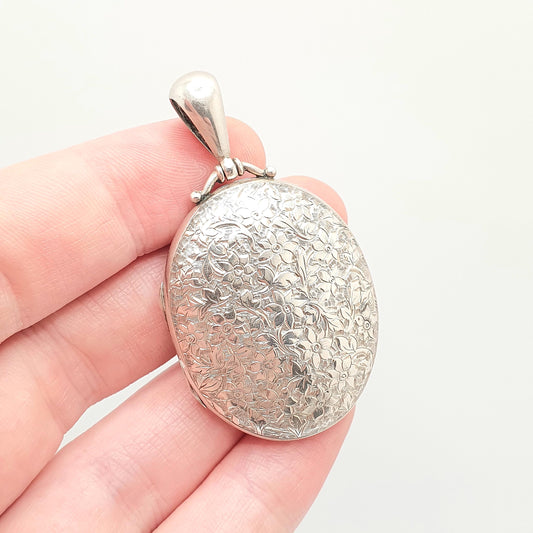 Antique Victorian Sterling Silver Locket Flower Hand Engraved Oval Pendant Necklace Sweet Gift Large Big Womens Jewelry Vintage Jewellery