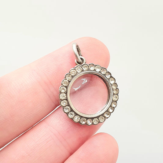 Antique Diamond Paste Solid Silver Locket Pendant Edwardian Necklace Picture Photo Small Round Double Sided Womens Vintage Jewelry Jewellery