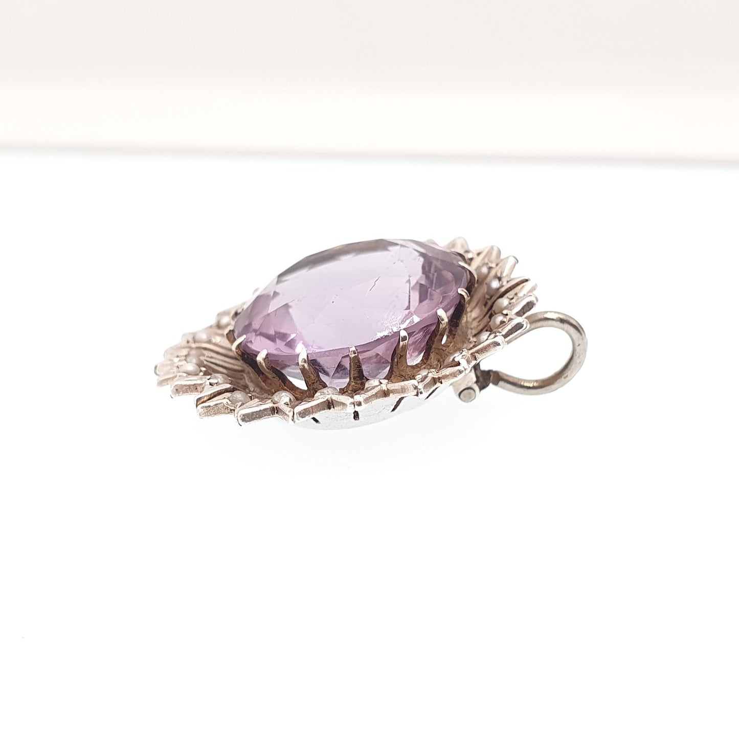 Antique Solid Silver Natural Amethyst Pendant Victorian Seed Pearl Necklace Large Big Flower Real Quartz Gemstone Vintage Jewellery Jewelry