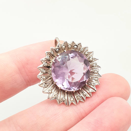 Antique Solid Silver Natural Amethyst Pendant Victorian Seed Pearl Necklace Large Big Flower Real Quartz Gemstone Vintage Jewellery Jewelry
