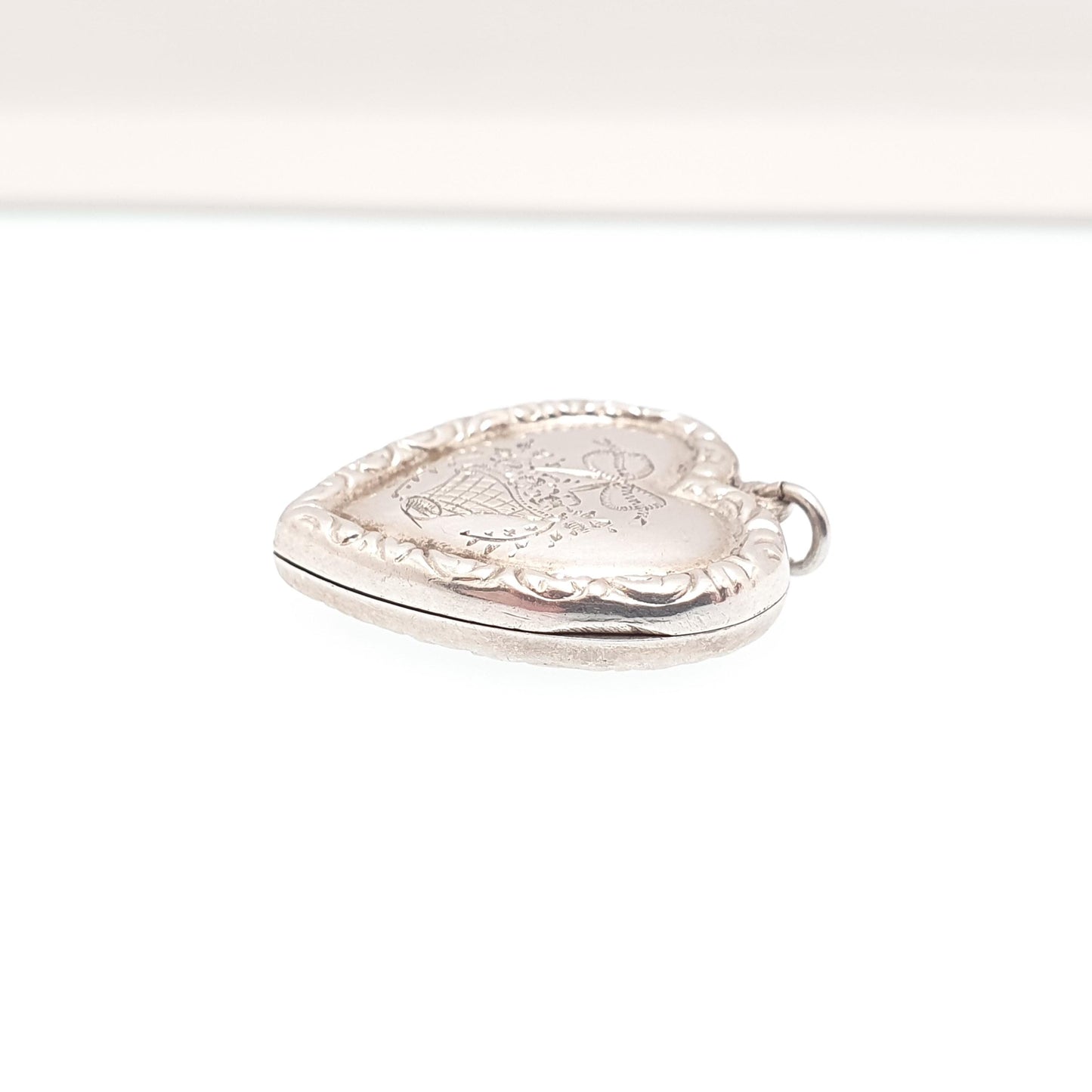 Antique Solid Silver Heart Locket Bow Giardinetti Necklace Pendant Flower Basket Picture Photo Love Gift Womens Jewelry Jewellery Vintage