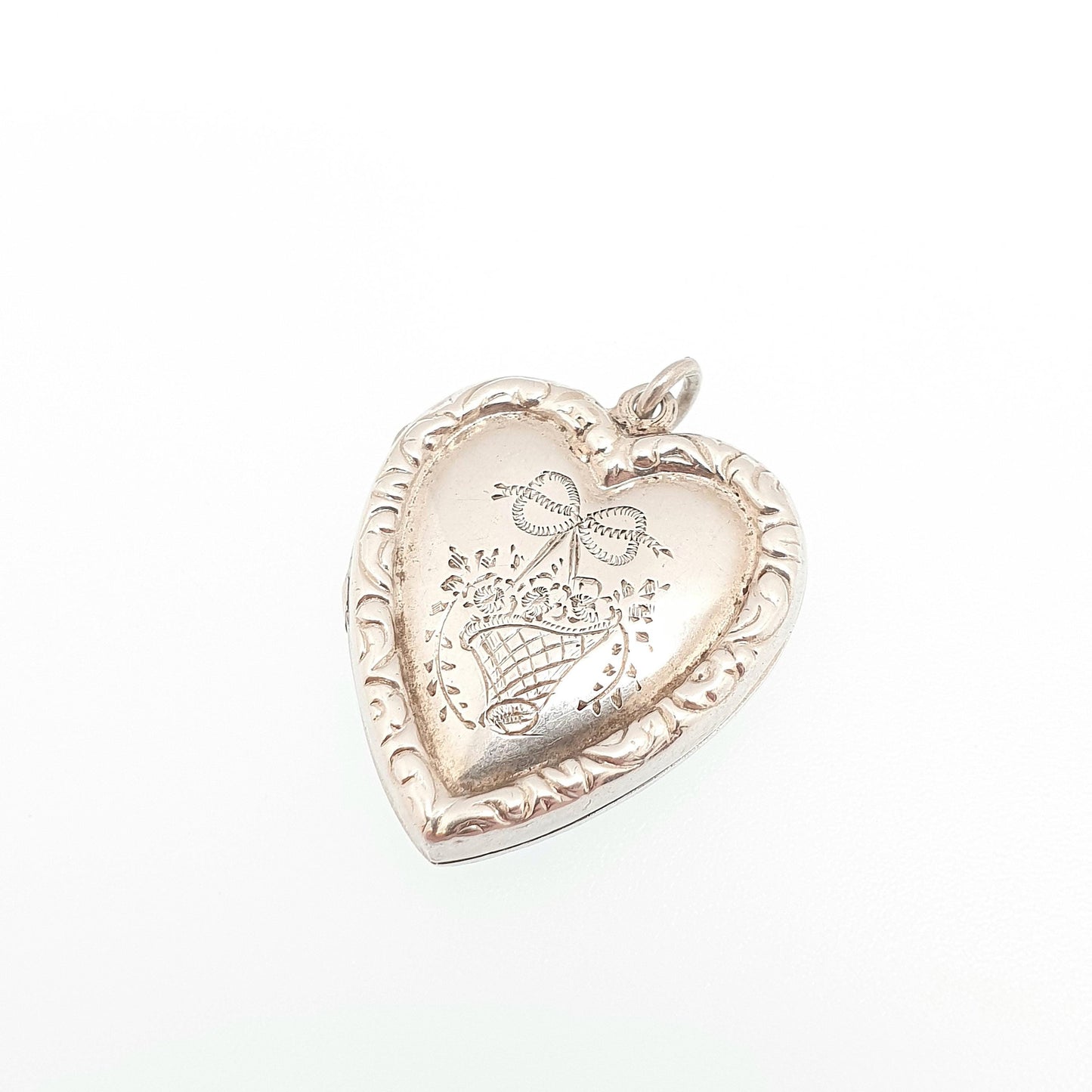 Antique Solid Silver Heart Locket Bow Giardinetti Necklace Pendant Flower Basket Picture Photo Love Gift Womens Jewelry Jewellery Vintage