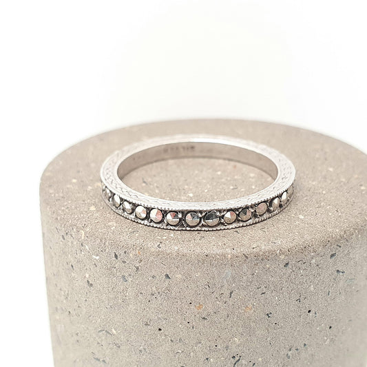 Antique Art Deco Marcasite Solid Silver Eternity Ring Full Band 1920s Stacking Stacker Engraved Flats Vintage Womens Jewelry Jewellery