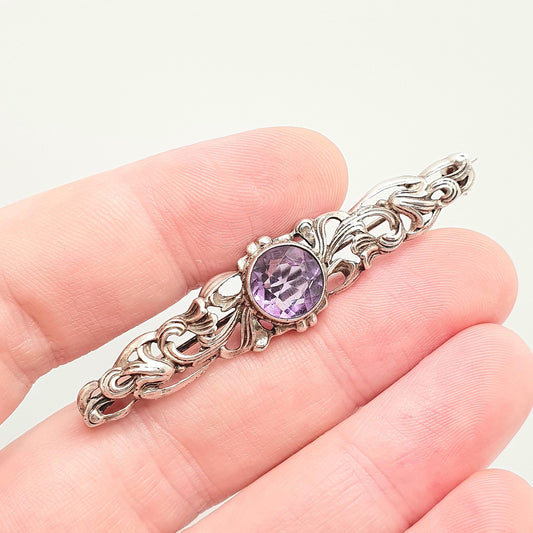Antique Sterling Silver Amethyst Brooch Genuine Real Gemstone Art Nouveau Style Vintage Bar Pin Scroll Retro Jewelry Jewellery
