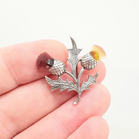 Old Vintage Sterling Silver Citrine Amethyst Thistle Paste Brooch Pin Scottish Flower 1955 Genuine Gemstone Celtic Gaelic Jewelry Jewellery