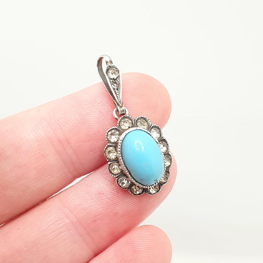 Antique Victorian Solid Silver Turquoise Glass Pendant Diamond Paste Necklace Oval Cabochon Vintage Sparkly Foiled Womens Jewelry Jewellery