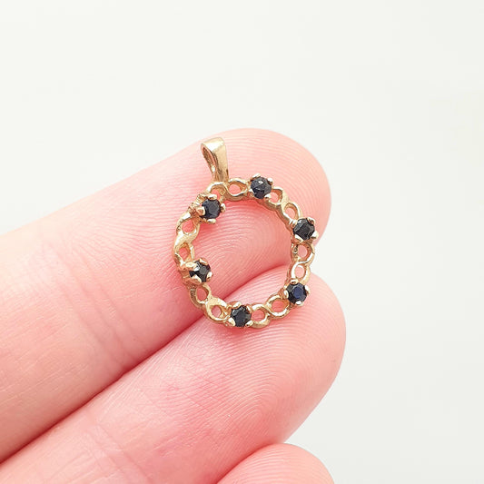 Vintage 9ct Gold Sapphire Pendant Wreath Shape Solid 375 9k 1980 Dark Blue Gemstone Necklace Ladies Womens Jewelry Jewellery
