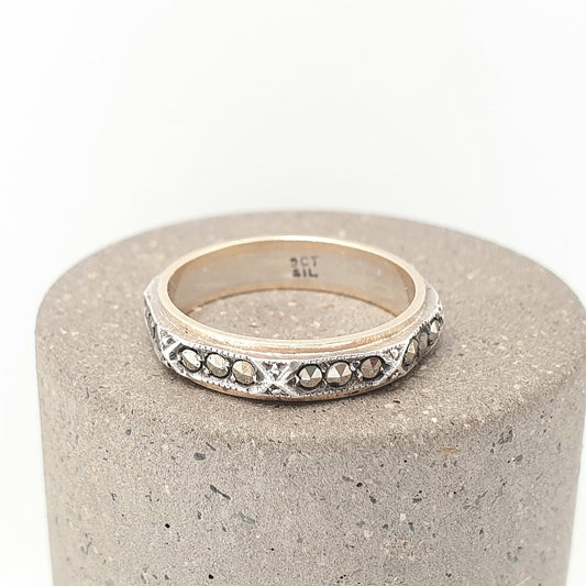 Antique Art Deco 9ct 9k Gold & Sterling Silver Eternity Ring Marcasite Gemstone Octagonal Sparkly Vintage 1920s Womens Jewelry Jewellery