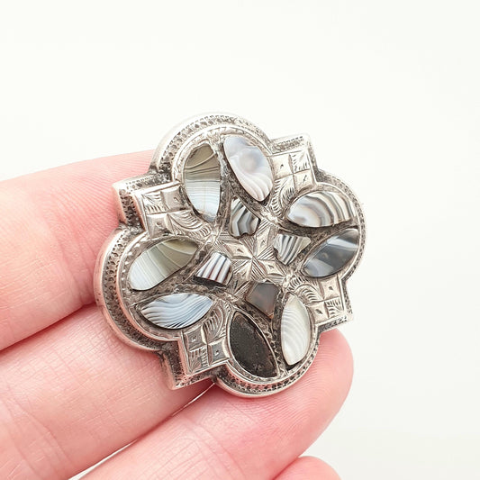 Antique Victorian Sterling Silver Montrose Lace Agate Brooch Scottish Star Shape Grey Banded Scotland 1800s Vintage Womens Jewelry Jewellery
