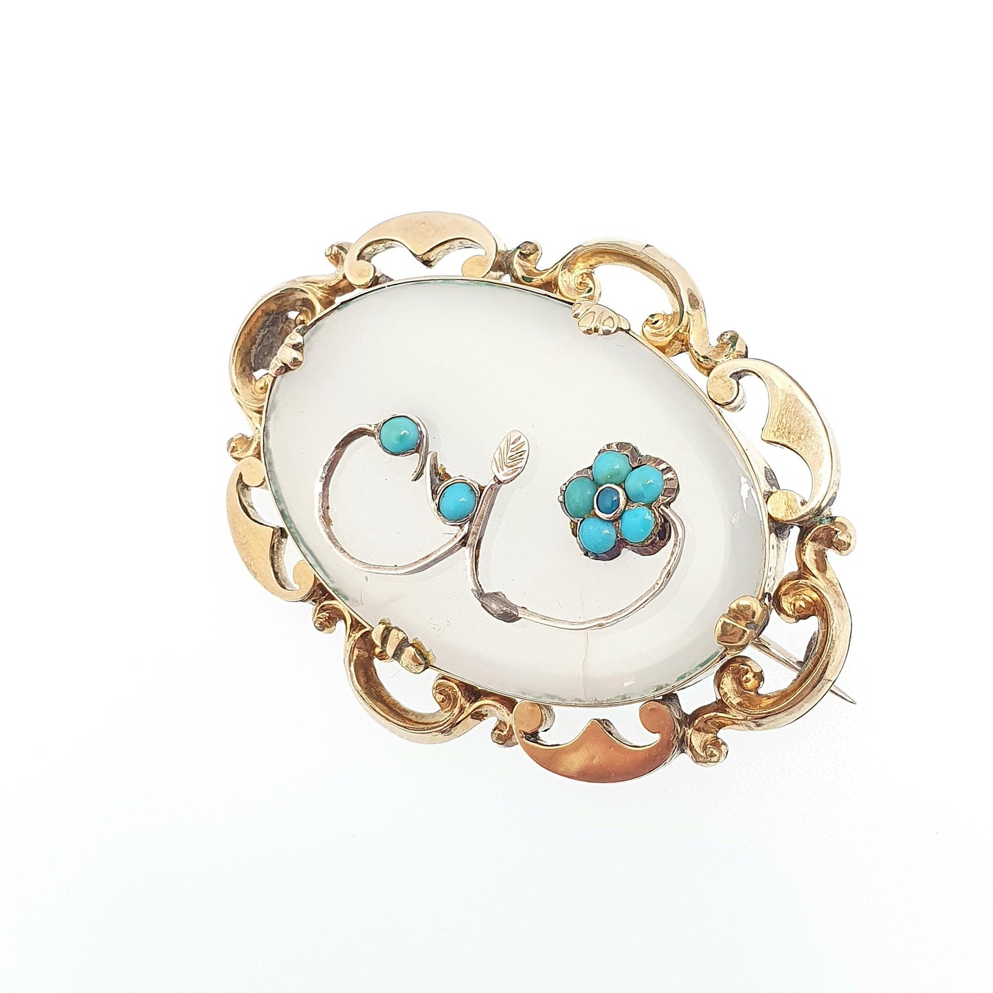 Antique Victorian 9ct Gold Cased Turquoise Brooch Forget Me Not White Chalcedony Quartz Flower Leaf Vintage Womens Jewelry Jewellery