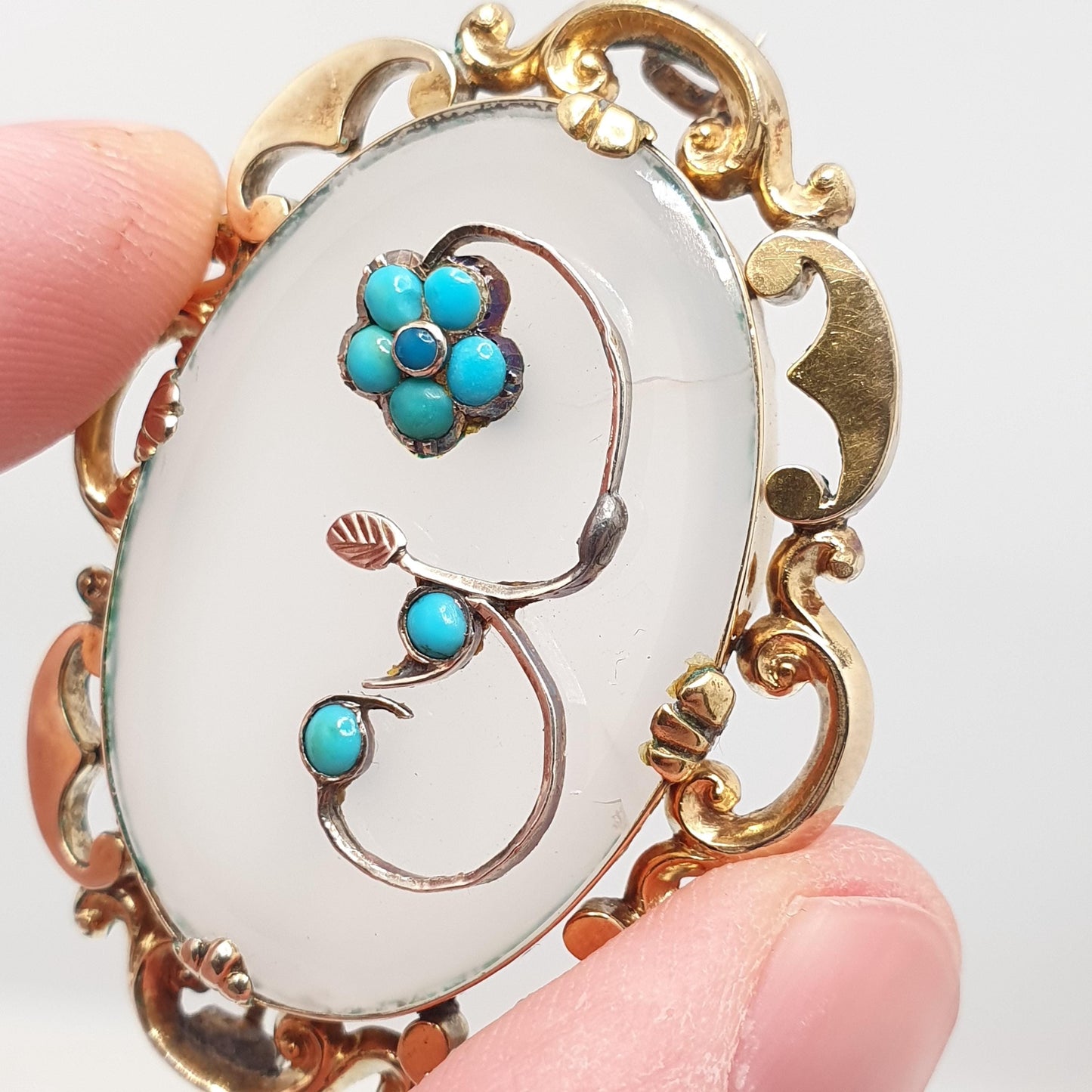 Antique Victorian 9ct Gold Cased Turquoise Brooch Forget Me Not White Chalcedony Quartz Flower Leaf Vintage Womens Jewelry Jewellery