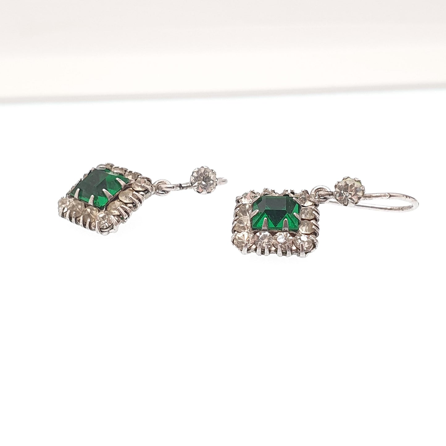 Antique Emerald & Diamond Paste Solid Silver Earrings Square Cut Cluster Hook Drop Dangle Sparkly Foiled Glass Vintage Jewelry Jewellery