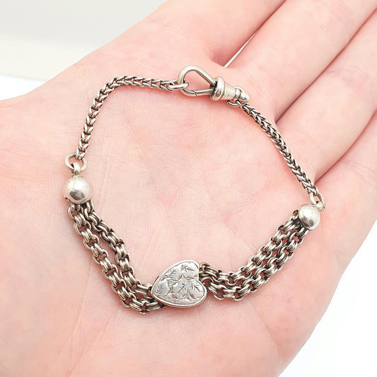 Antique Solid Silver Albertina Bracelet Victorian Heart Slider Foxtail Link Engraved Chain 9.48g 18.5cm Vintage Womens Jewelry Jewellery