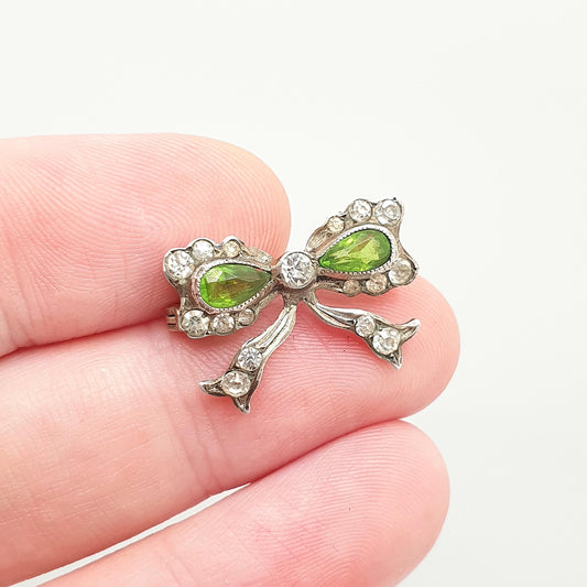 Antique Victorian Paste Solid Silver Bow Brooch Peridot Olivine Paste Diamond Pastes Ribbon Small Foiled 1800s Jewelry Jewellery Vintage