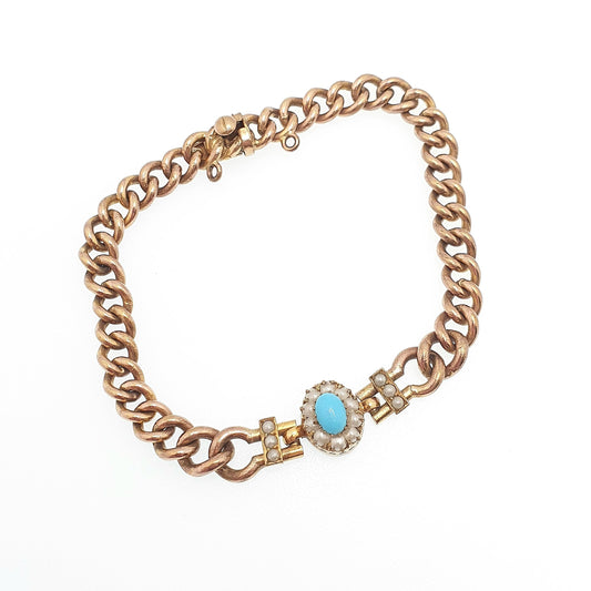 Antique Rolled Gold Filled Faux Turquoise & Pearl Bracelet Genuine Victorian Curb Link 18cm 7" 14.28g Jewelry Jewellery Womens Ladies