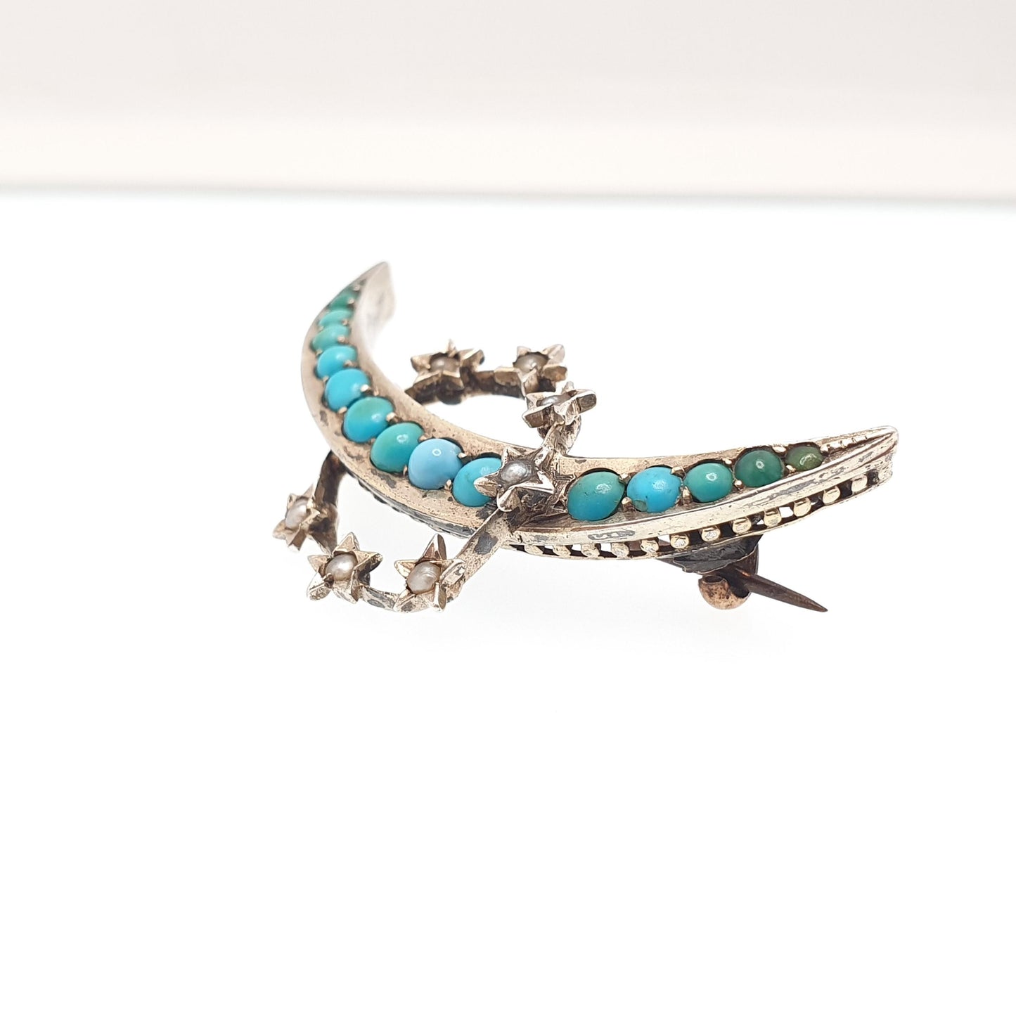 Antique Victorian Solid Silver Turquoise Brooch Star Crescent Moon Seed Pearl Circle Natural Gemstone Celestial Jewelry Jewellery Vintage