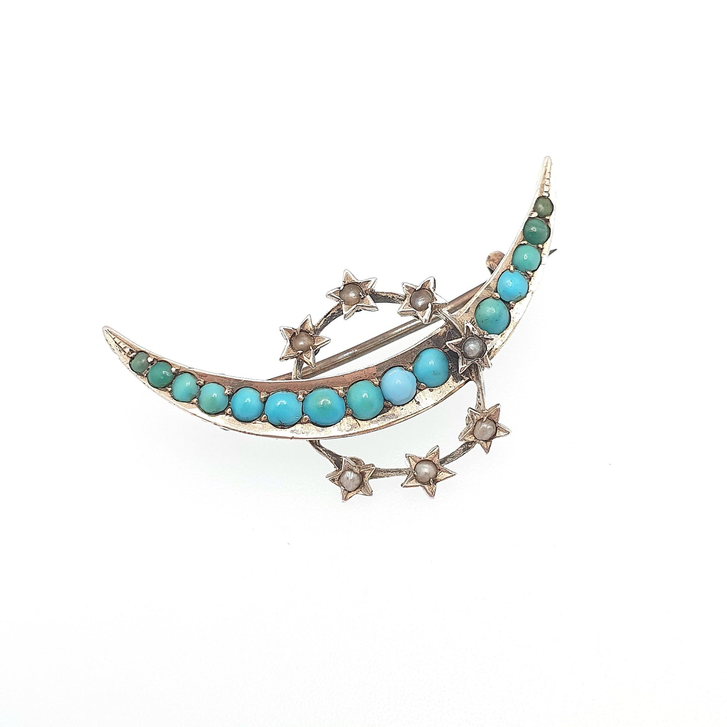 Antique Victorian Solid Silver Turquoise Brooch Star Crescent Moon Seed Pearl Circle Natural Gemstone Celestial Jewelry Jewellery Vintage