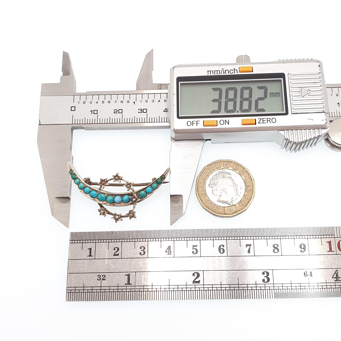 Antique Victorian Solid Silver Turquoise Brooch Star Crescent Moon Seed Pearl Circle Natural Gemstone Celestial Jewelry Jewellery Vintage