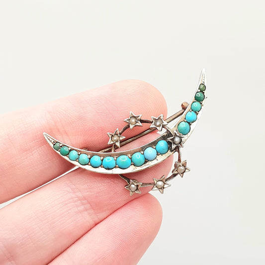 Antique Victorian Solid Silver Turquoise Brooch Star Crescent Moon Seed Pearl Circle Natural Gemstone Celestial Jewelry Jewellery Vintage