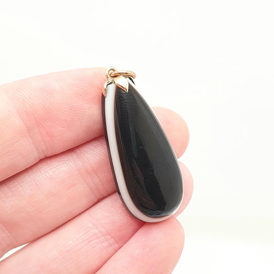 Antique 9ct Gold Bullseye Agate Pendant Necklace Solid 9kt 9k Genuine Gemstone Quartz 1800s Vintage Pebble Polished Womens Jewellery Jewelry