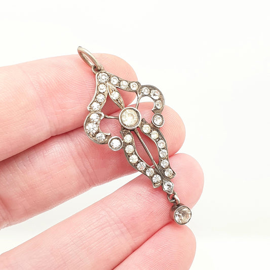 Antique Victorian Solid Silver Diamond Paste Necklace Pendant Art Nouveau Old Cut Hanging Dangling Ornate Sparkly Foiled Womens Jewelry