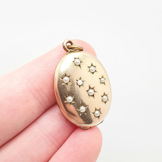 Antique Rolled Gold Locket Seed Pearl Star Set Necklace Pendant Victorian Yellow Filled Simulated Oval Pattern Vintage Jewellery Jewelry
