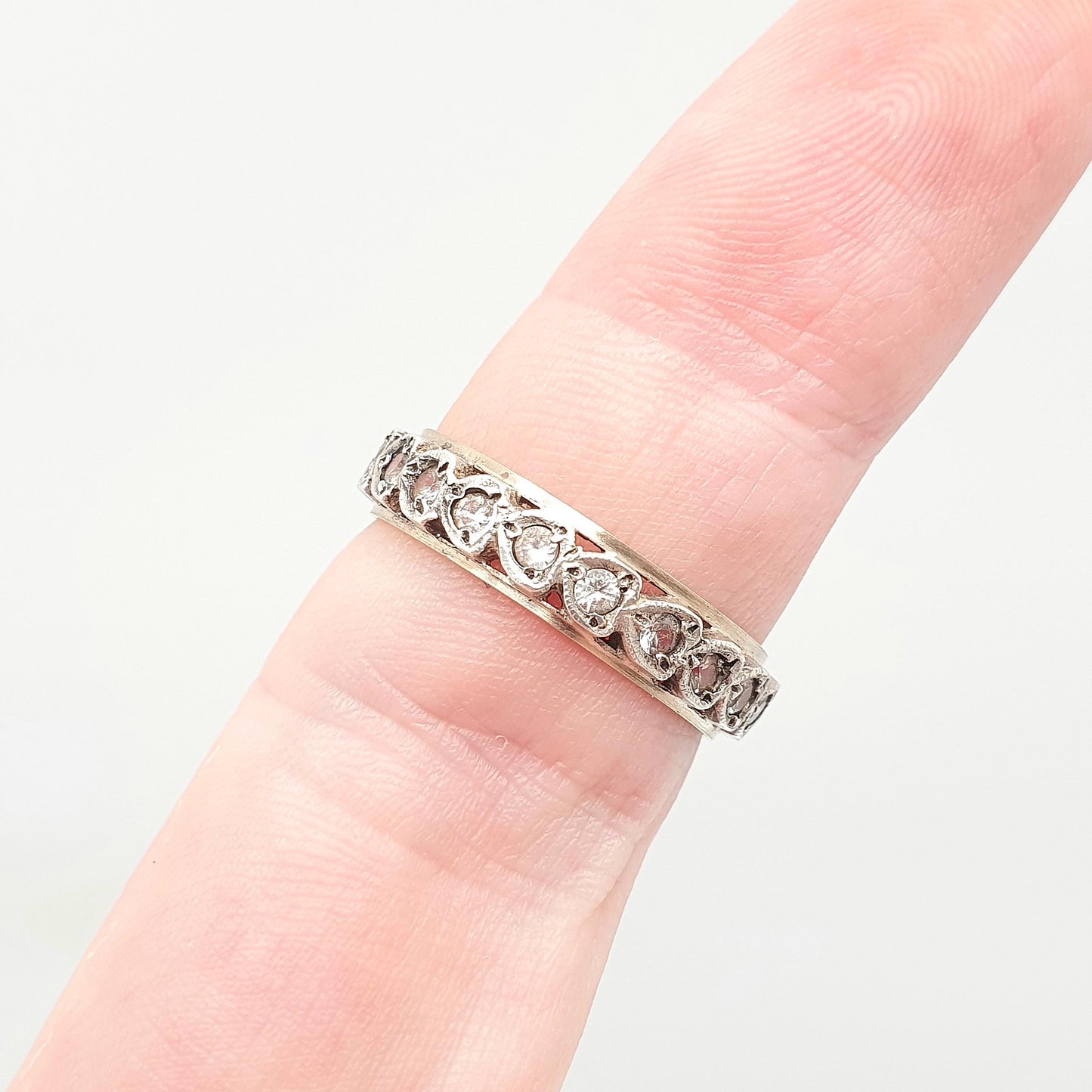 Antique Art Deco 9ct 9k Gold Sterling Silver Eternity Ring Heart White Spinel Gemstone Solid 375 Vintage 1920s Womens Jewelry Jewellery