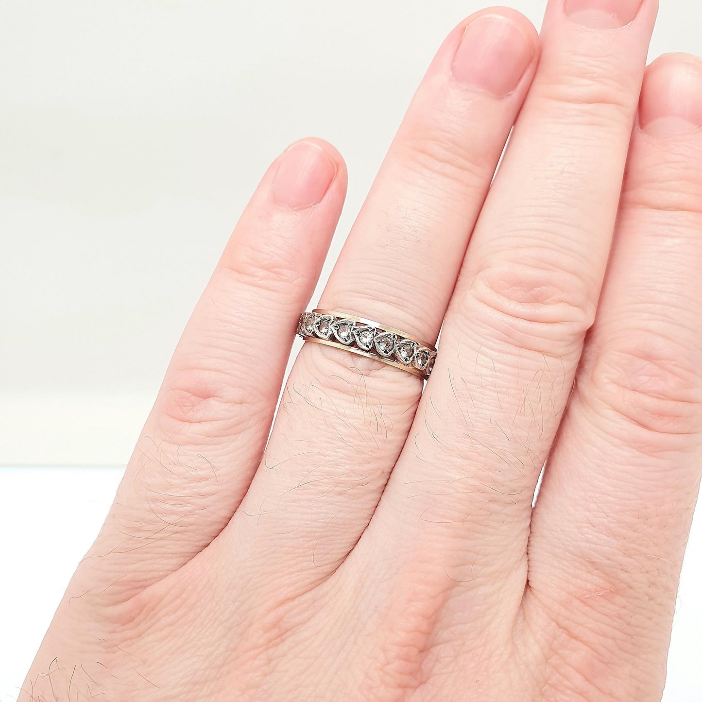 Antique Art Deco 9ct 9k Gold Sterling Silver Eternity Ring Heart White Spinel Gemstone Solid 375 Vintage 1920s Womens Jewelry Jewellery