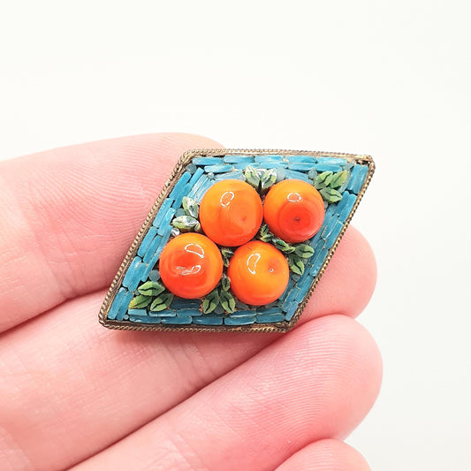 Antique Orange Fruit Micromosaic Brooch Micro Mosaic Fine Gold Gilt Kite Murano Glass Fruits Genuine Italy Italian Vintage Jewelry Jewellery