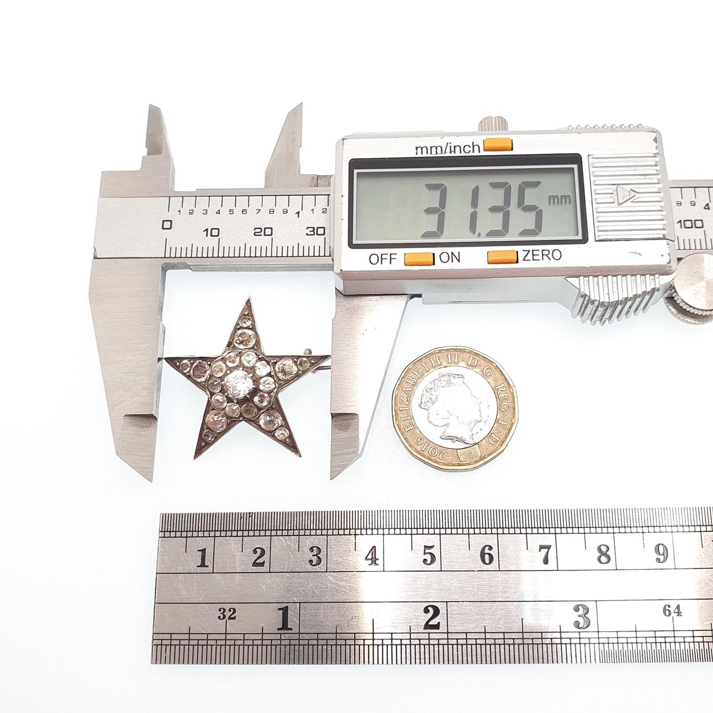 Antique Victorian Star Solid Silver Brooch Diamond Paste Old Cut Five Point Foiled Sparkly Starry Celestial Womens Jewelry Jewellery Vintage