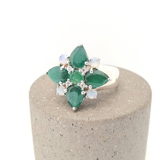 Vintage Emerald & Opal Sterling Silver Ring Genuine Real Gemstones Chunky Solid 925 Retro Modernist Ladies Womens Jewelry Jewellery