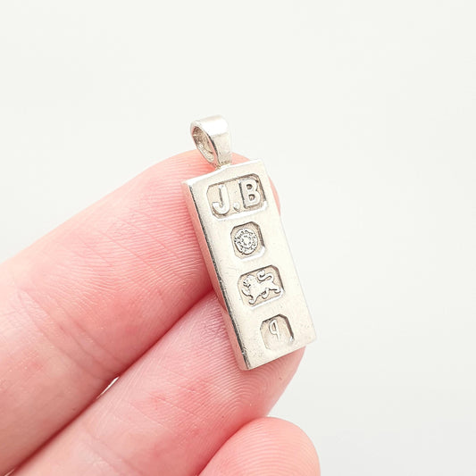 Vintage Sterling Silver Ingot Pendant Necklace 1983 Hallmark Small Bar Cute Tiny Solid 925 Jewellery Jewelry Mens Womens Retro Cute