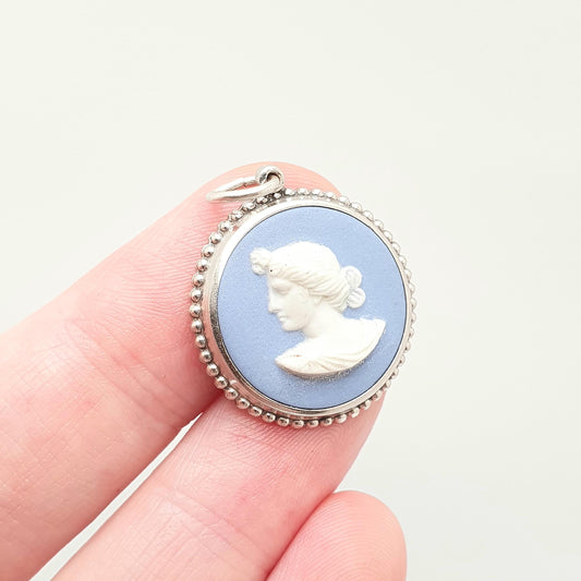 Vintage Sterling Silver Genuine Blue Wedgwood Necklace Pendant 1958 Authentic Josiah Wedgwood Lady Womens Ladies Jewelry Jewellery Retro