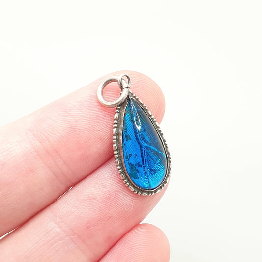 Antique Solid Silver Butterfly Wing Necklace Pendant Art Deco Pear Genuine Vintage 1920s Blue Bug Fly Insect Jewelry Jewellery Womens