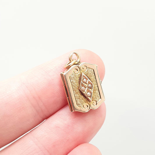 Antique 14k 14kt Gold Locket Book Shape Seed Pearl Victorian Kite Rose Gold Solid 585 Pendant Necklace Photo Picture Jewelry Jewellery