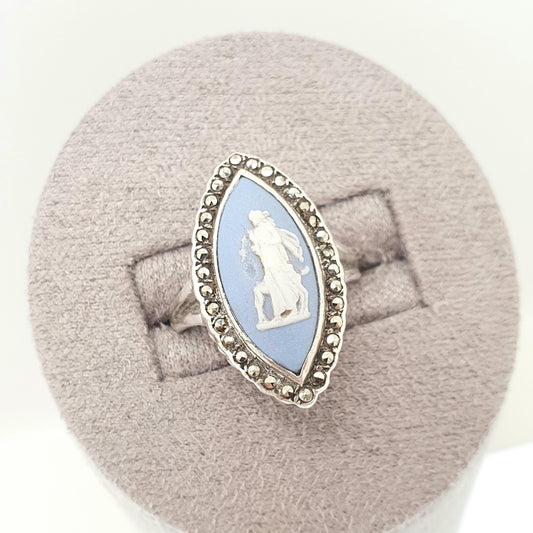 Antique Solid Silver Wedgwood Ring Art Deco Marcasite Large Blue Jasperware Genuine Josiah Vintage Big Handmade 1800s Jewellery Jewelry