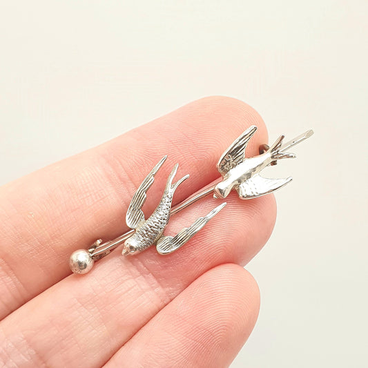 Antique Solid Silver Double Bird Brooch Victorian Sweetheart Birds Cute Swallow Swift Gift Rare Unique Pin Vintage Jewelry Jewellery