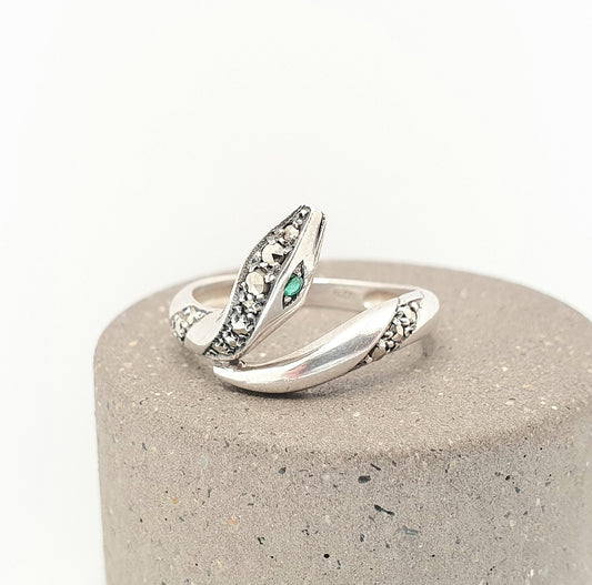 Vintage Emerald Sterling Silver Snake Ring Genuine Real Gemstones Marcasite Solid 925 Retro Modernist Ladies Womens Jewelry Jewellery