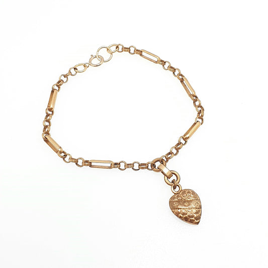 Antique Rolled Gold Heart Charm Bracelet Victorian Staple Link Gold Filled 17cm 6.7" 3.81g Jewelry Jewellery Womens Vintage Ladies