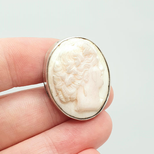 Antique Victorian Solid Silver Cameo Brooch Pink Conch Shell High Relief Large Big Vintage Rope Handmade 1800s Womens Jewelry Jewellery
