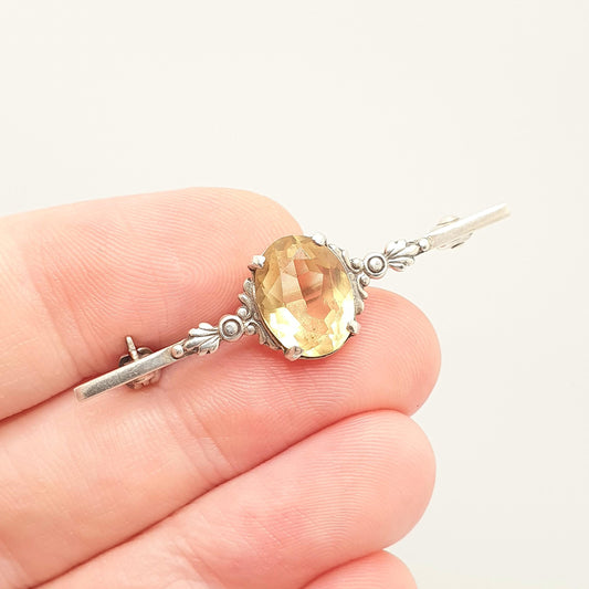 Antique Solid Silver Citrine Brooch Gemstone Art Deco Oval Cut Orange Quartz Pin Vintage Gemstone 1920s Ladies Womens Jewelry Jewellery