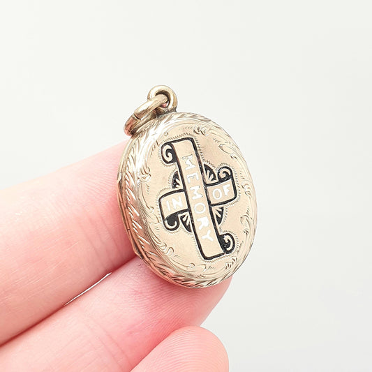 Antique Victorian Mourning Locket Solid 9ct 9k Gold In Memory Of Black Enamel 375 Back & Front Oval Necklace Pendant Gothic Vintage Jewelry