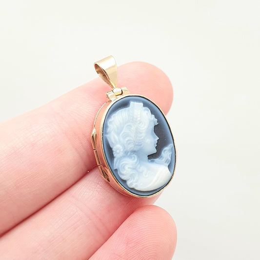 Vintage 9ct 9k Gold Agate Cameo Locket Pendant Necklace Genuine Blue Hardstone Gemstone Solid 375 Hallmarked Fine Estate Jewelry Jewellery