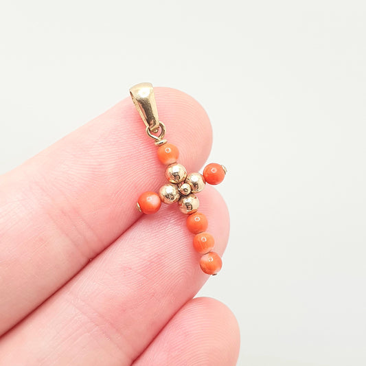 Vintage 9ct Gold Coral Crucifix Pendant Cross Necklace Solid 9k 375 Bead Beads Fine Estate Mediterranean Retro Jewellery Jewelry