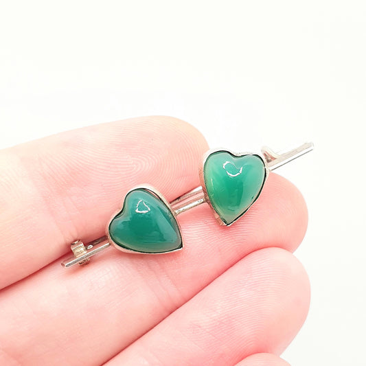 Antique Victorian Solid Silver Chrysoprase Brooch Double Heart Pin Genuine Gemstone Vintage Womens Ladies Jewelry Jewellery