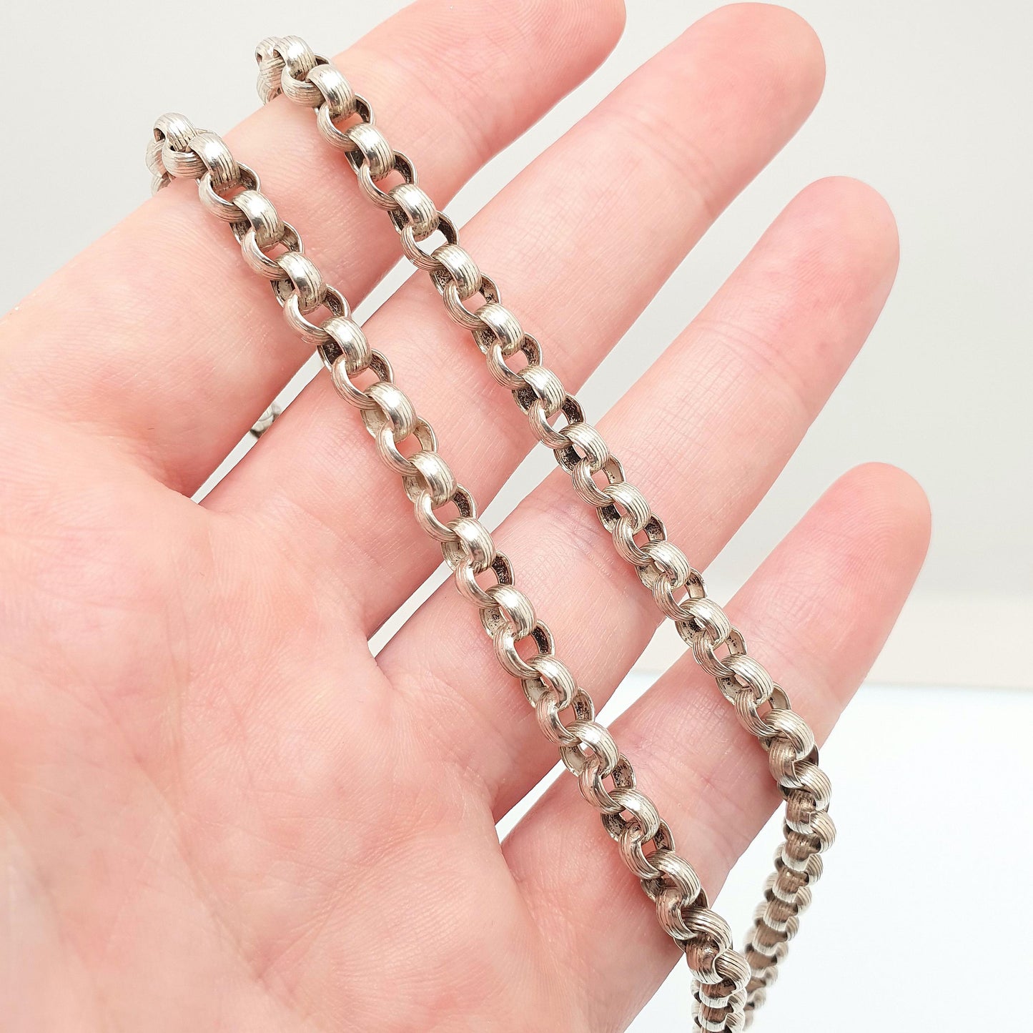 Antique Victorian Solid Silver Belcher Chain Necklace 51cm 20" 24.56g Rolo Link Dog Clip Chunky Thick Large 1800s Vintage Mens Womens