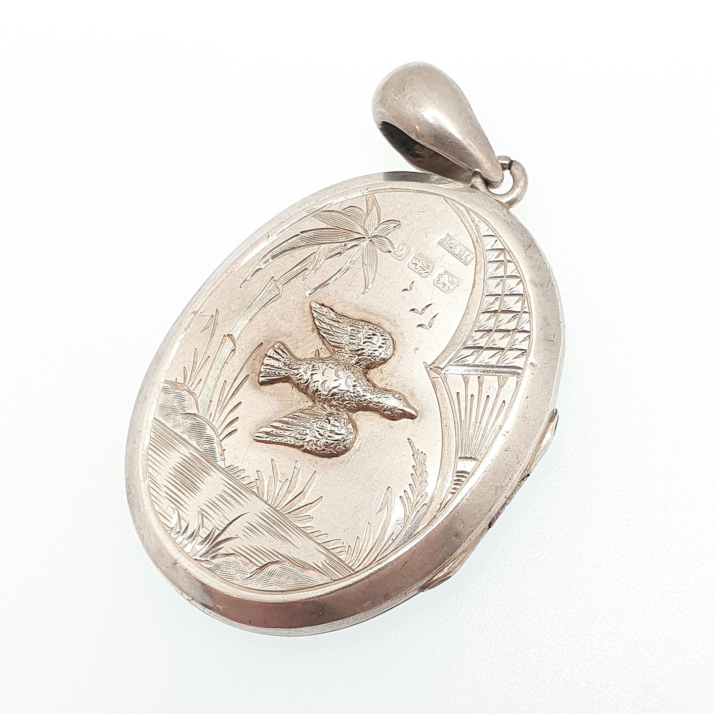 Antique Victorian Sterling Silver Bird Locket Flying Duck Goose Scene 1881 Hallmark Pendant Huge Big Picture Photo Vintage Jewelry Jewellery