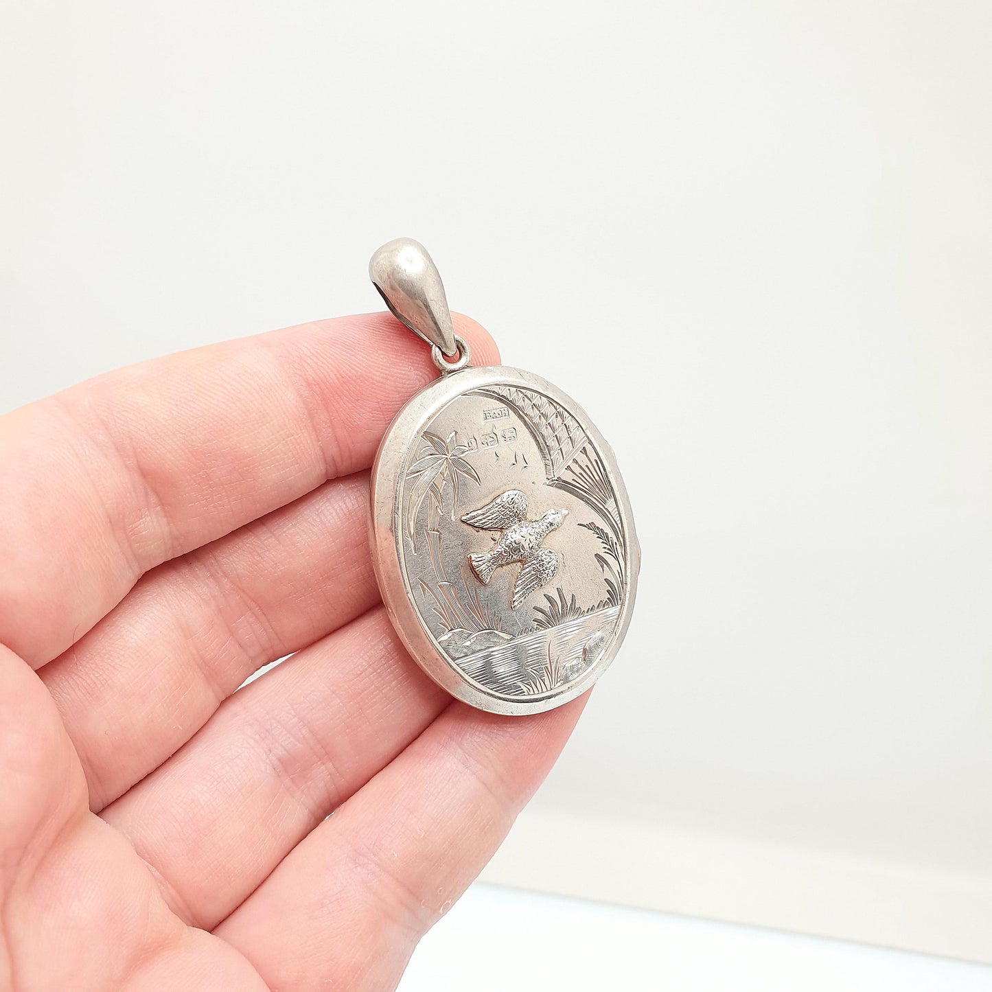 Antique Victorian Sterling Silver Bird Locket Flying Duck Goose Scene 1881 Hallmark Pendant Huge Big Picture Photo Vintage Jewelry Jewellery
